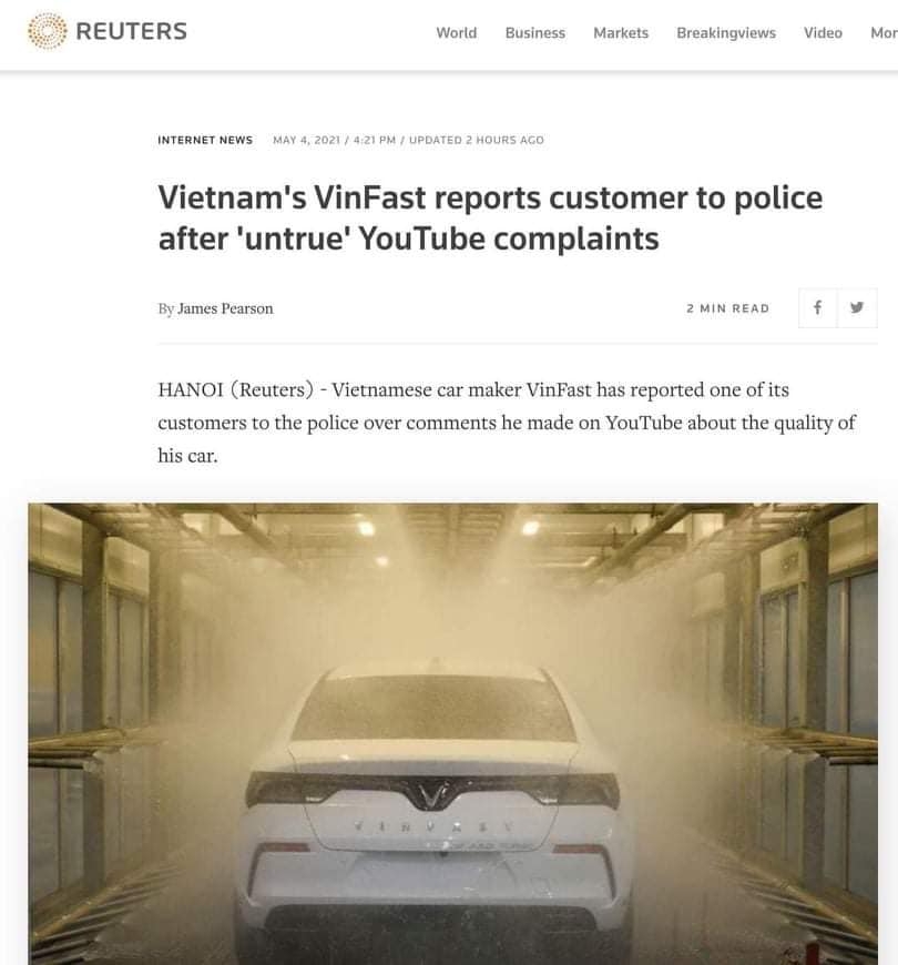 Hàng loạt báo nước ngoài đưa tin VinFast tố cáo Youtuber sau clip chê xe Lux A2.0