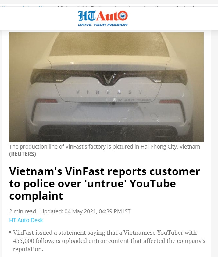 Hàng loạt báo nước ngoài đưa tin VinFast tố cáo Youtuber sau clip chê xe Lux A2.0